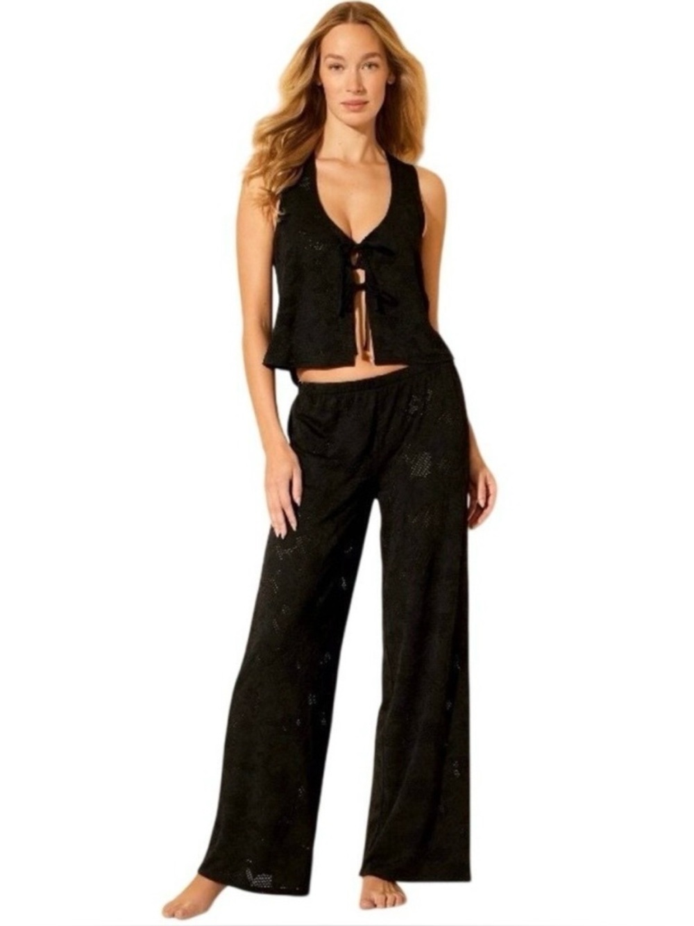 Black Crochet 2 Piece Set Boho Festival Top & Wide Leg Pants Swim Cover Up Small